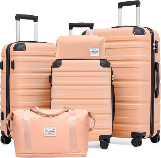 TAKUMI Luggage Sets 5 Piece Lightweight Carry On luggage with Duffel Bag ABS+PC Hardshell Suitcases with YKK zippers Double Spinner Wheels Travel Luggage with TSA Lock(PINK, 5 PIECE SET)