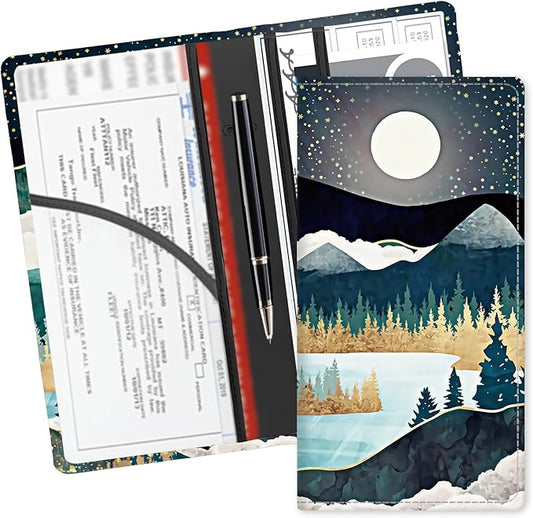 Leather Car Registration and Insurance Card Holder, Cute Car Accessories Vehicle Glove Box Car Organizer for Documents, Cards, License Beautiful Night Forest Mountain