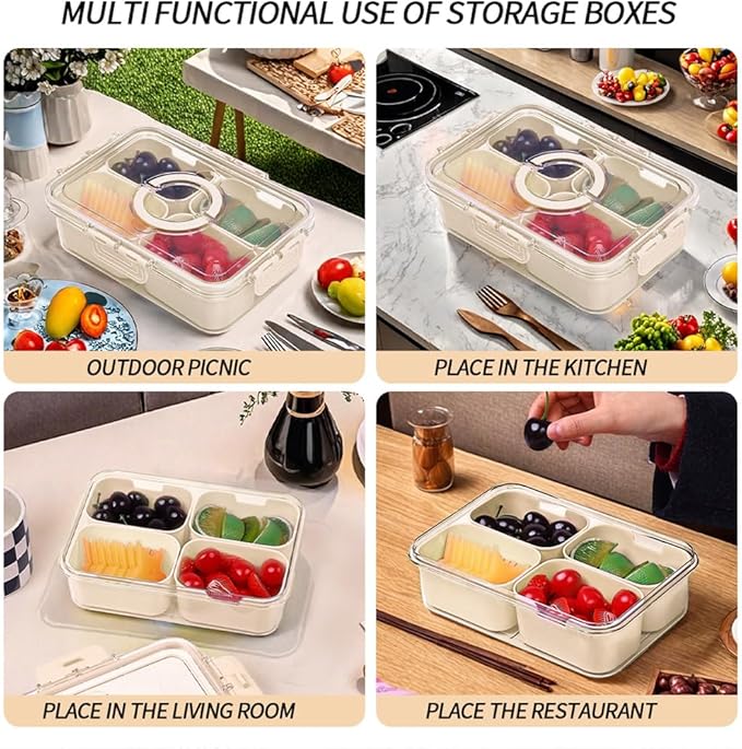 Small Snackle Box Container with Lid, 4 Compartment Travel Snack Container with Handle, Divided Serving Tray with Lid, Portable Snack Box for Candy, Fruits, Nuts, Snacks, Veggies