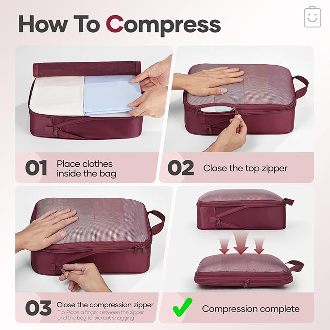 Veken 9/11 Set Compression Packing Cubes for Travel Essentials,Compressible Expandable Large Luggage Suitcase Organizer Bags for Clothing,Durable Space Saver Storage Bags with Toiletry Bags(Wine Red)