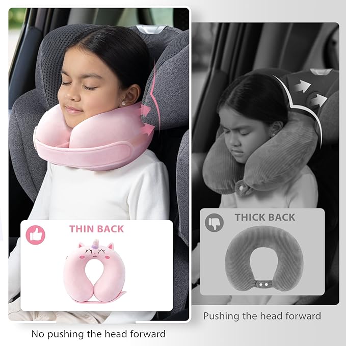 Car Pillow for Big Kids Travel Neck Pillows, Foam Neck Support Travelling Pillow with Washable Cotton Pillowcases and Storage Bag, for Airplane, Train, Flight and Home Use Unicorn Pink