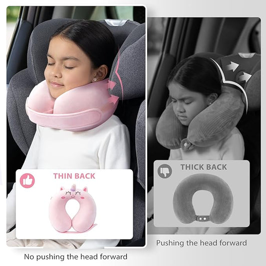 Car Pillow for Big Kids Travel Neck Pillows, Foam Neck Support Travelling Pillow with Washable Cotton Pillowcases and Storage Bag, for Airplane, Train, Flight and Home Use Unicorn Pink