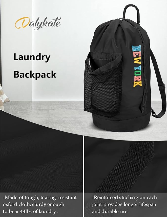 Dalykate Backpack Laundry Bag, Laundry Backpack with Shoulder Straps and Mesh Pocket Nylon Clothes Hamper Bag with Drawstring Closure