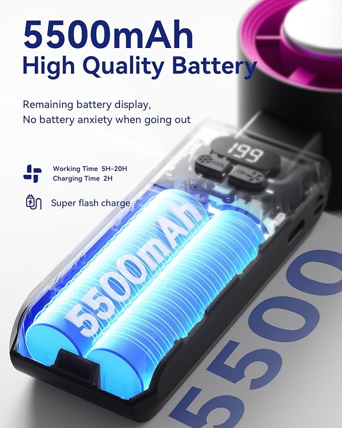 2 Pack Handheld Portable Turbo Fan with Ice Cooler, Speed (1-199) 5500mAh*2 Rechargeable Personal Fan,[20H Cooling Time] Mini Yet Powerful, Small Pocket Fans for Travel/Outdoor/Office, Black Hot Pink