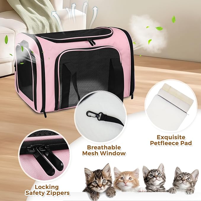 Cat Carrier Soft for Pets Up to 25 Lbs, Cat Travel Bag Soft-Sided with Padded Shoulder Strap, Pet Dog Carriers for Small Dogs Travel Puppy Carry Airline Approved, Pink