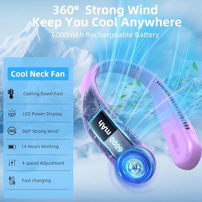 Portable Neck Fan,Hands Free Personal Wearable Bladeless Fan,6000mAh USB Rechargeable,360° Cooling,LED Display,4-Speeds,Birthday Gifts for Men Women Dad Mom,Stocking Stuffers Christmas Gift (Purple)