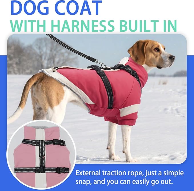 MIGOHI Reflective Dog Winter Coat,Warm Dog Jacket with Harness,Fleece Jacket for Large Dogs,Waterproof Pet Puffer Jacket Snowsuit,Windproof Pet Clothes for Cold Weather,Australian Shepherd,XL,Pink