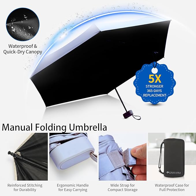 Compact Mini Windproof Travel Umbrella-UPF 50+ Sun & Rain Protection, Small Folding Design Fits in Pocket or Purse, Lightweight Portable with Case for Women, Men & Kids