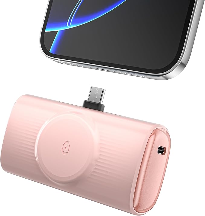 ZBF Portable Charger, 5000mAh Pocket-Size Power Bank, 20W PD Fast Charging with Built-in USB-C Charging Port, Travel Battery Pack for Apple Watch Ultra SE/11/10/9/8 Phone 17/16/15 etc. (Light Pink)