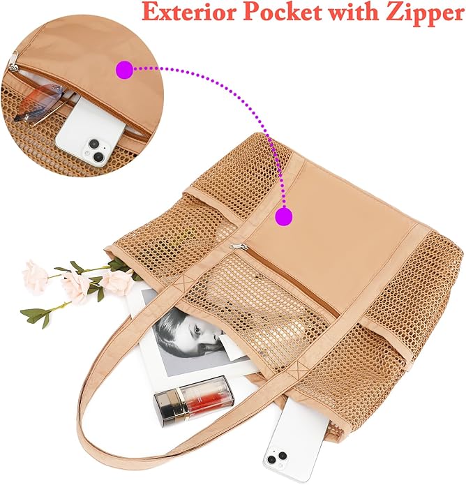 Mesh Beach Bag for Women, Casual Hobo Bags Large Beach Tote for Pool Travel Cruise Vacation Essentials