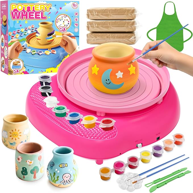 Weilim Pottery Wheel for Kids Complete DIY Pottery Painting Kit for Ages 8-12 Beginners with 4 Air-Dry Clay Packs and Tools, Arts Supplies Toys Birthday Gift for Boys Girls 6+ Years Old (Pink)