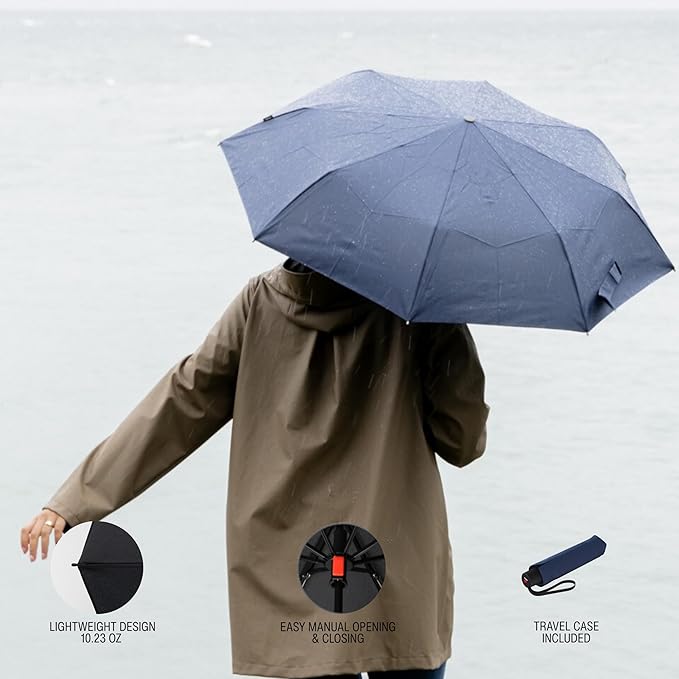 Knirps A.050 Navy Manual Open Close Travel Rain Umbrella for Adults – Ultra Lightweight, Compact Windproof 38.5" Water Resistant Canopy, Steel Aluminum Frame, Travel Case Included