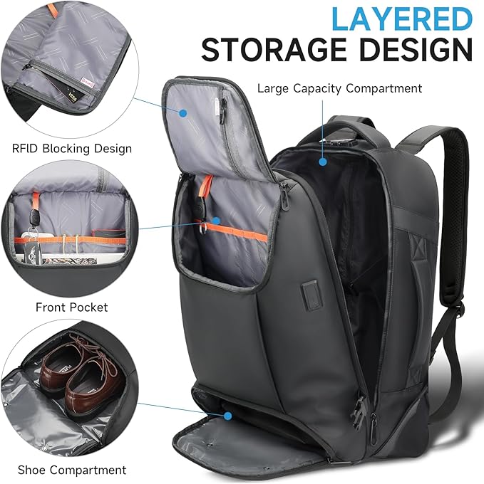 Carry On Backpack,17.3" Travel Backpack with Shoe Compartment,50L Wheeled Backpack Carry On Luggage,Laptop Compartment & USB Charging Port & TSA Approved Lock for Business,Black