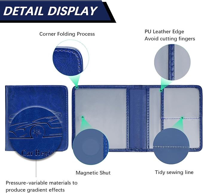 2-Pack Car Registration and Insurance Holder, Car Organization Vehicle Document Organizer with Magnetic Closure for Cards, License in Glove Box, Dark Blue