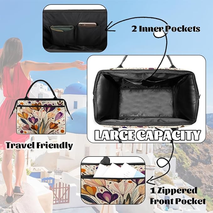 Large Travel Duffle Bag for Women Men,Waterproof Weekender Overnight Bag Carry on Tote Bags for Gym Sport Business Trip,Boho Floral On Beige Duffel Bags