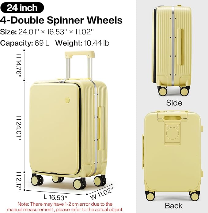 mixi Checked Luggage with Cup Phone Holder and Charger Hard Shell Suitcases with Spinner Wheels, 24 Inch Lark Yellow