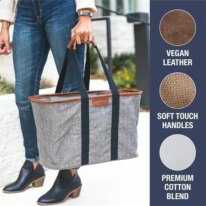 CleverMade EcoBasket Reusable Grocery Tote - Collapsible Storage Shopping Organizer - Heavy Duty Utility Bag Home