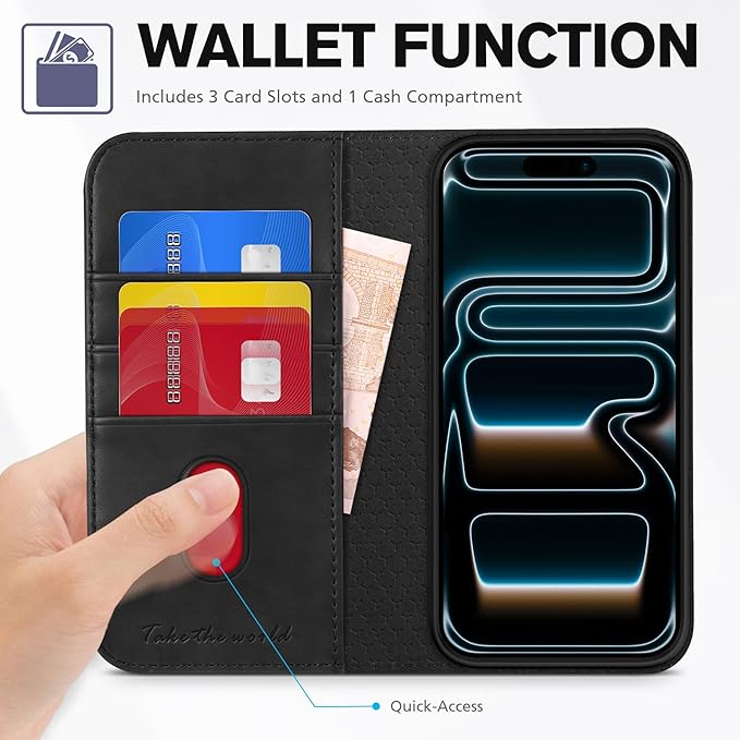 TUCCH Case Wallet for iPhone 17 Pro (6.3") 2025, RFID Blocking 3 Card Holders | Kickstand | PU Leather | Protective Flip Folio Cover | TPU Shockproof Interior Shell | Black