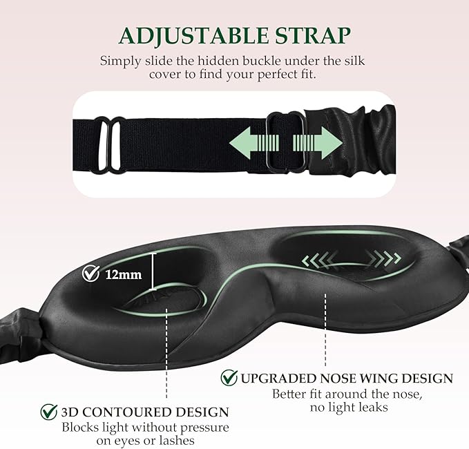 100% 22 Momme Mulberry Silk Sleep Mask with Adjustable Strap, 3D Contoured Cup Silk Eye Mask for Sleeping, Total Black Out, Black