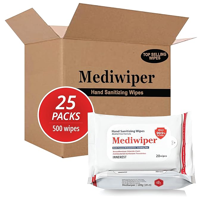 Mediwiper 500 Wipes (20Count*25Pack) Alcohol-Free Sanitizing Wipes Disinfecting Large Unscented Wet Wipes Bulk, Hand Sanitizer