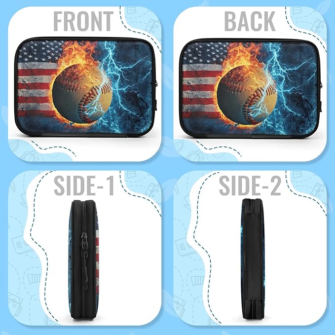 Vintage Baseball Travel Cable Organizer Pouch Fire American Flag Electronics Accessories Carry Case Portable Water Resistant Storage Bag for Cord Charger Phone Earphone SD Card