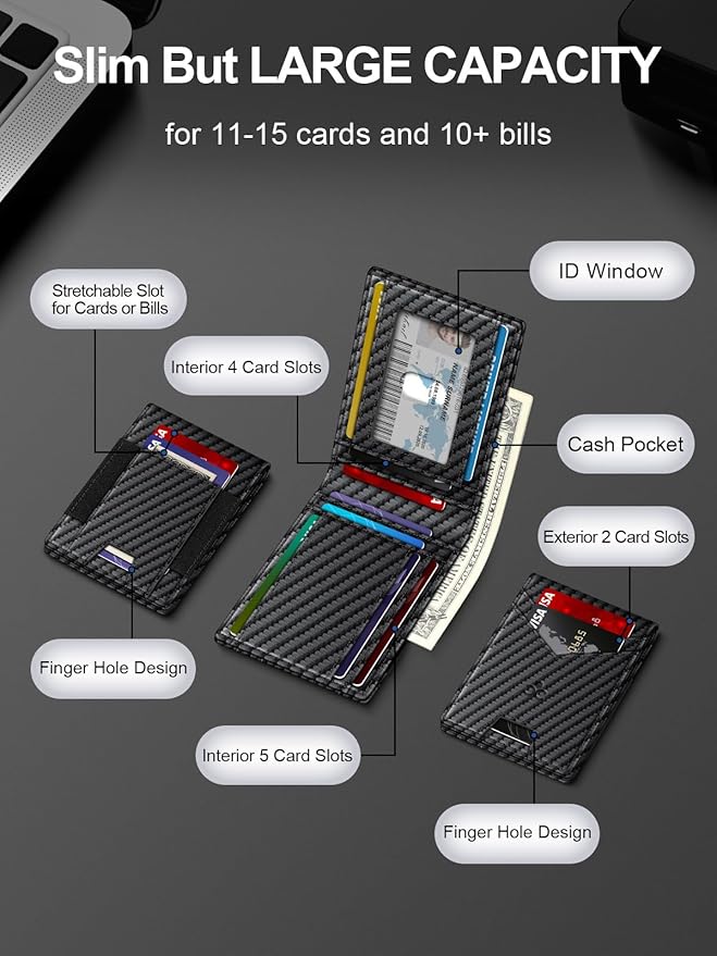 Wallet for Men Slim Leather Wallets for 13-17 Cards, RFID Blocking Thin Card Holder Wallet with ID Window & Large Capacity Cash Slot, Minimalist Bifold Small Wallet for Front Pocket, Gift for Men