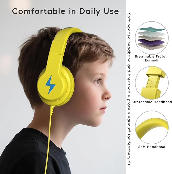 Kids Headphones, Wired Headphones for Kids Over Ear with Microphone, 85/94dB Volume Limiter Headphone for Girls Boys, Foldable Headphone for Learning & Entertainment, Yellow