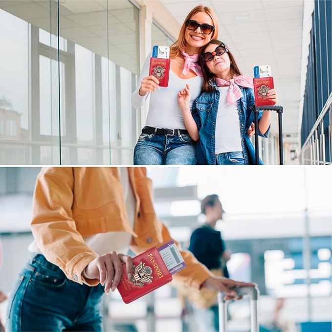 Coowayze US Passport Holder Wallet for Travel Men Women Red RFID Passport Cover Case, Waterproof Red Leather Passport Book Protector with Vaccine Card Slot Travel Document Organizer