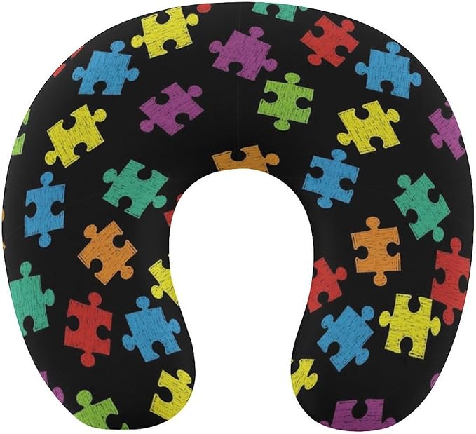 Breathable U-Shaped Neck Pillow Memory Foam Travel, Colorful Autism Awareness Pattern U-Shape, Machine Washable Support Home Office