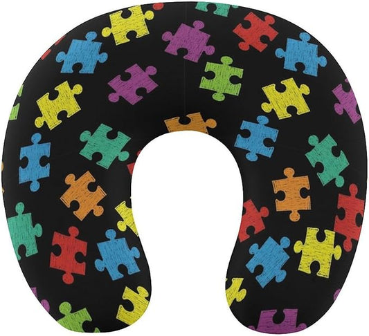 Breathable U-Shaped Neck Pillow Memory Foam Travel, Colorful Autism Awareness Pattern U-Shape, Machine Washable Support Home Office