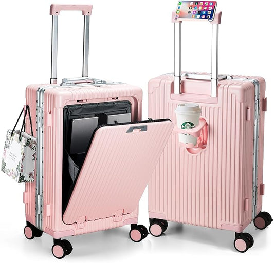 MRPLUM Front Pocket Carry On Luggage,PC Hardside Spinner Wheel Suitcase with TSA Lock,Cup Holder,Phone Holder&USB Charging Port,Pink(1 Piece)