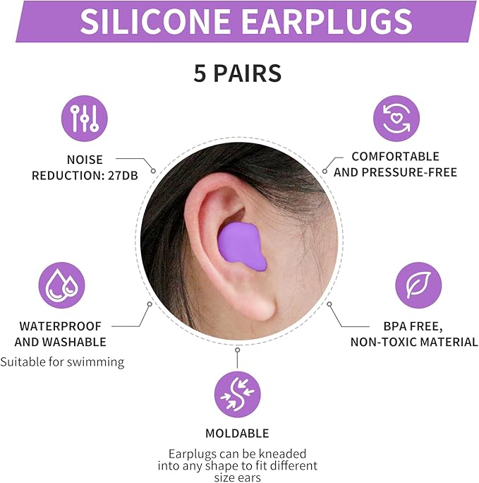 LYSIAN Moldable Soft Silicone Earplugs, 5 Pairs, 27dB SNR Noise Cancelling Ear Plugs for Sleeping, Working,Swimming, Shower (Purple)