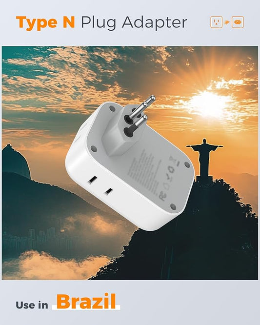 TESSAN Brazil Plug Adapter 2 Pack, 7 in 1 US to Brazil Power Adapter with 3 USB Ports (1 USB-C Port) 4 American Outlets, Type N Travel Adaptor for USA to Brazilian