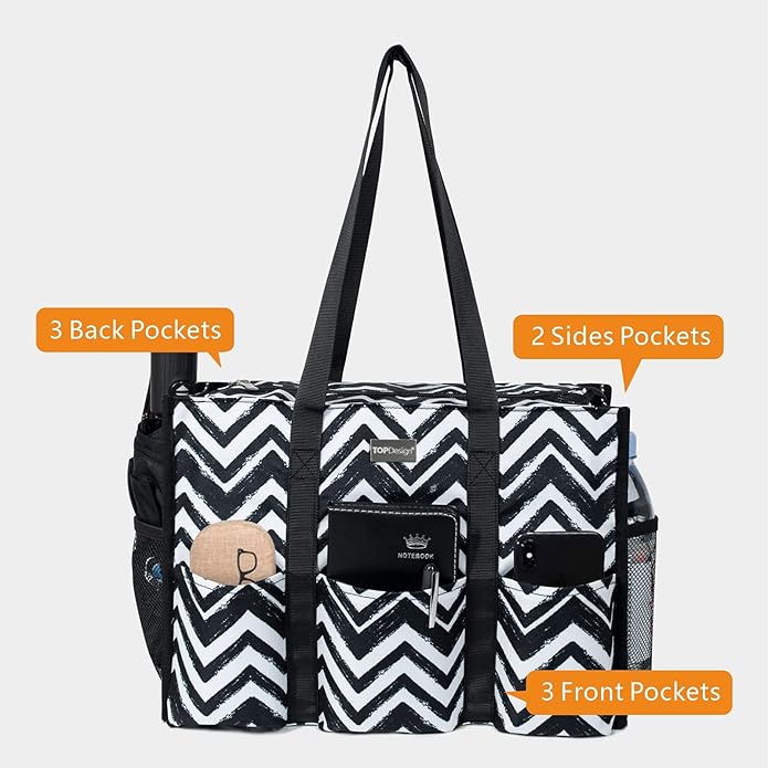 TOPDesign Utility Water Resistant Tote Bag with 13 Pockets, Top Zipper Closure & Thick Bottom Support, for Working Women