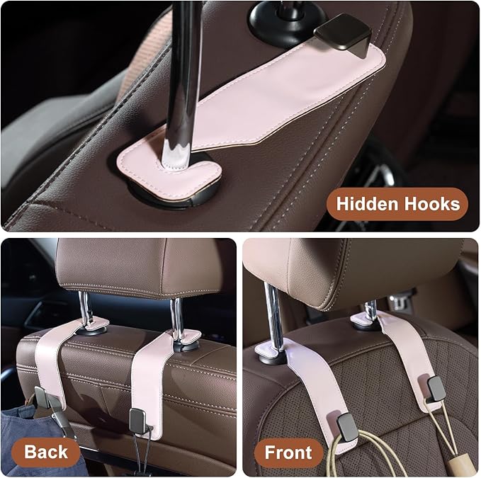 CoBak Headrest Hooks for Car - Universal Premium Stitched Leather and Aluminum-Magnesium Alloy Single Car Seat Back Storage Hook for Purses, Handbags, Bags (2 Pack),Pink