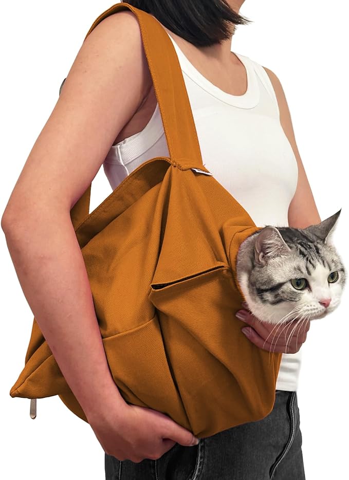 Amkune [Cozy Travel] Cat Carrier Pouch, Soft Sided Cat Sling Bag for Small Medium Cats, Carrying Sack, Restraint for Nail Trimming, Grooming,Caramel Small Upgrade