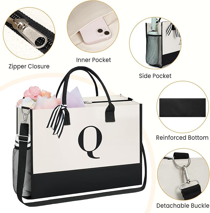 BAGAIL Initial Tote Bag, Personalized Birthday Gifts for Women, Teacher, Friends, Mom, Wedding, Monogrammed Beach Bag