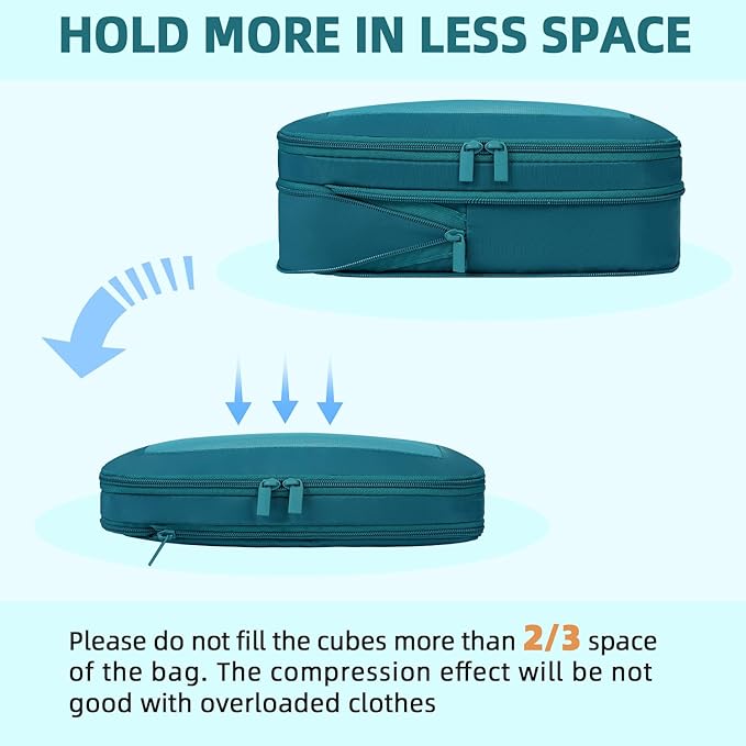 BAGAIL 4 Set/6 Set/8 Set Compression Packing Cubes Travel Accessories Expandable Packing Organizers (Square Mesh, 06-Teal)