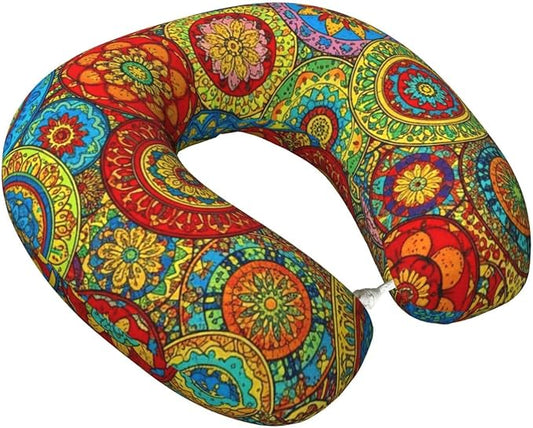Comfortable Travel Pillow for Pain Relief Sleeping, Memory Foam Airplane Car Neck Pain Pillows Trippy Mandala Flower Gear, Funny Chin Head Support Cushion