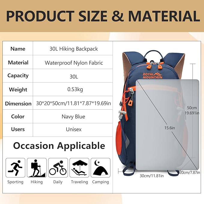 Hiking Backpack With Rain-cover, 30L Travel Backpacks For Women Men, Camping Daypack Backpacks Lightweight, Durable Hiking Backpack Fit For Camping, Daily Commuting, Short Trips (Navy Blue)