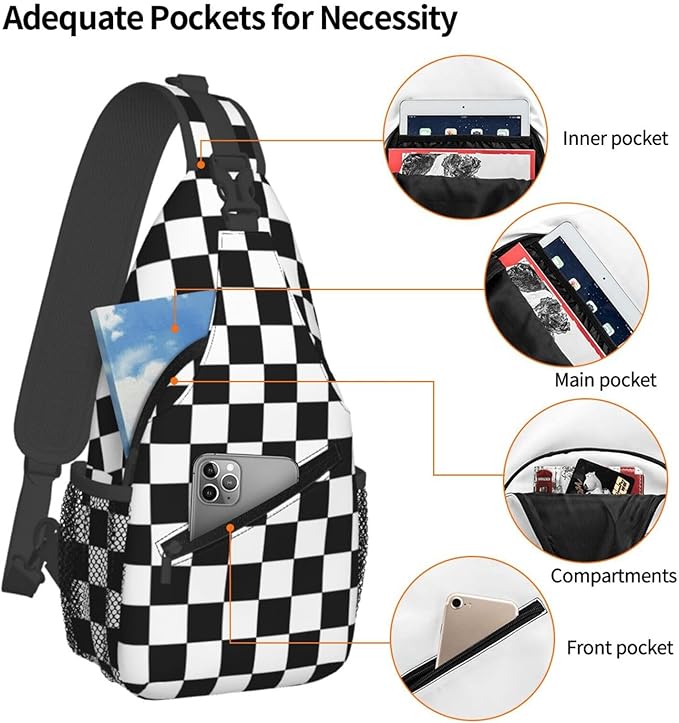 QFXUYNG Black White Race Checkered Flag Adult Sling Bag Unisex Chest Bags Crossbody Backpack Casual Daypacks Shoulder Bag for Women Men Cycling Hiking Travel