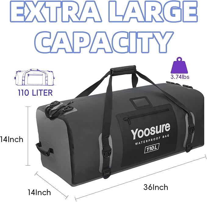110L Waterproof Duffel Bag 35IN - Airtight Zipper Dry Bags, Extra Large Dry Bag with Straps&Handles for Camping Boating Kayaking Rafting Canoeing Gym Beach Car Roof Storage (Black)