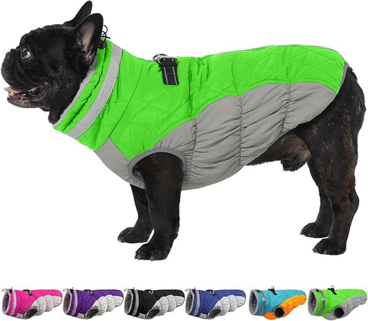 OUOBOB Warm Dog Jackets for Large Dogs, Waterproof Dog Coat with Harness Built in, Zipper Clousure, Fleece Lining for Cold Weather Outdoor Walks, Pet Snowsuit for Shiba Inu, French Bulldog - L