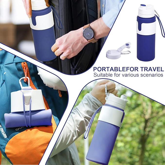 Collapsible Water Bottles for Travel - 26oz BPA-Free Foldable with Carabiner, Lightweight Leak-Proof Design, Portable Reusable Bottle for Hiking, Airplane, Camping (Blue)