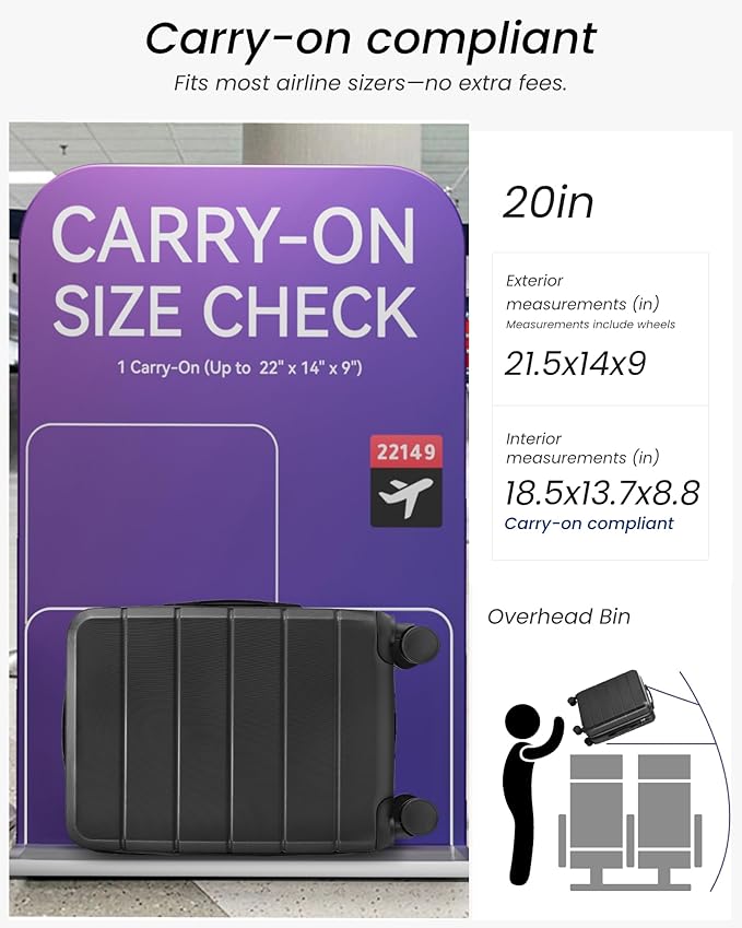 Carry On Luggage 22x14x9 Airline Approved with Spinner Wheels, Expandable Hardside Suitcase, Black