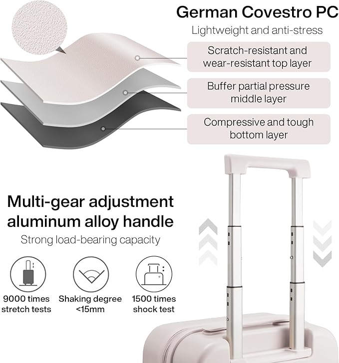 mixi Carry on Luggage, Suitcase with Spinner Wheels 16in Luggage Hardshell Lightweight Rolling Suitcases PC with Cover & TSA Lock, Off White（Slight Pink）