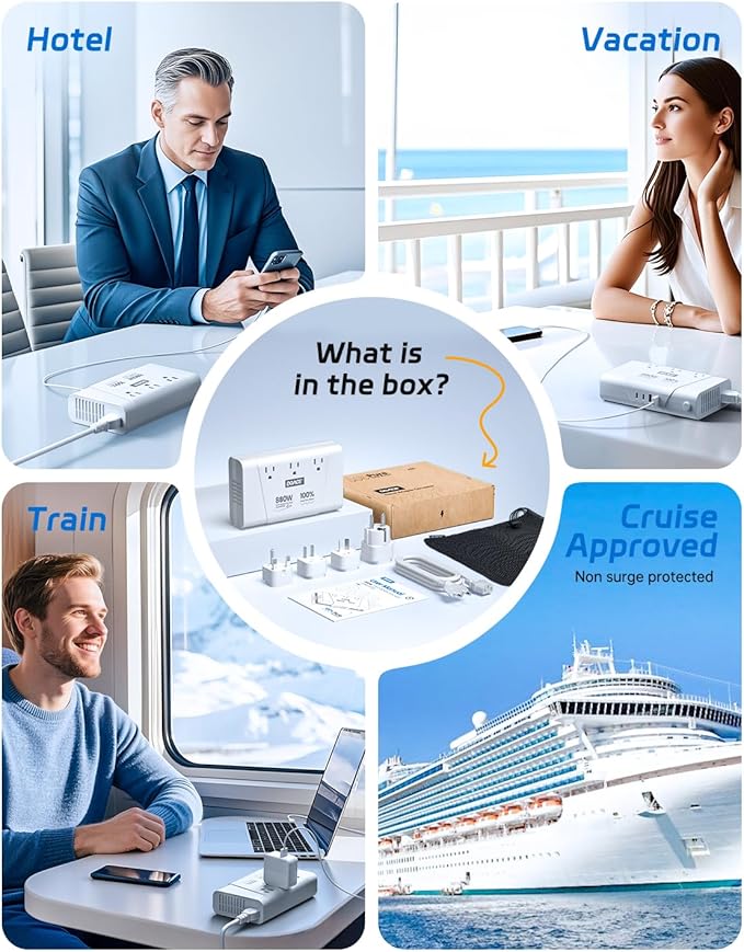 DOACE 220V to 110V Converter, 800W Voltage Converter US to Europe for Hair Straightener/Curler/Phone, Power Converter with 2 USB C & 2 USB A Ports, European Travel Plug Adapter UK, US, AU, EU, White