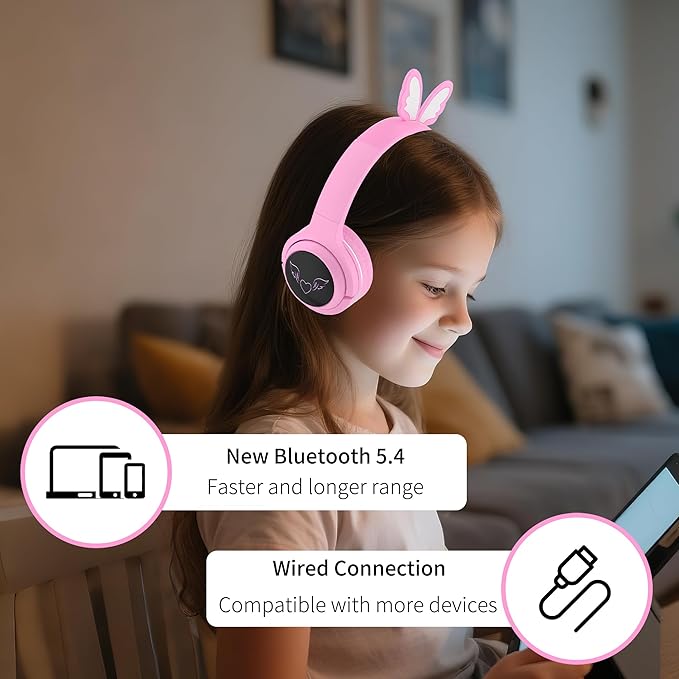 Kids Wireless Headphones with 7-Color RGB LED Lights, Long Playtime, Ultra-Soft Over-Ear for School Travel, Pink Butterfly Wings