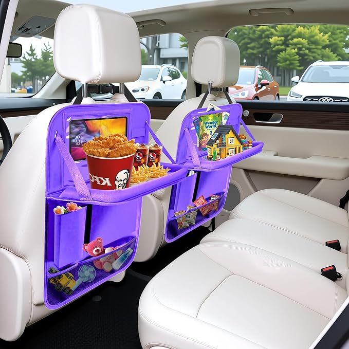 Zecirl 2Pack Car Backseat Organizer with Foldable Table Tray,6 Storage Pockets Car Storage Organizer with Tablet Holder,Car Seat Back Protectors Kick Mats Travel Accessories (Purple)