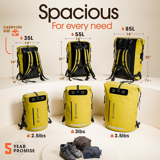 Earth Pak Waterproof Backpack - Heavy Duty Hiking Backpack - Roll-Top Closure Bag - Cushioned Dry Bag Waterproof Phone Case